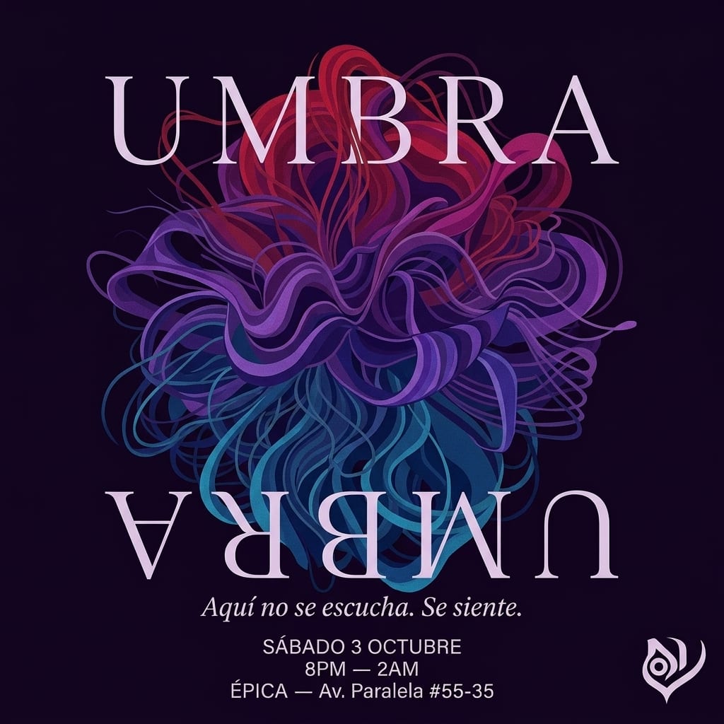 Flyer del evento UMBRA, Sábado 3 de octubre de 8 PM — 2 AM en Épica — Av. Paralela #55-35